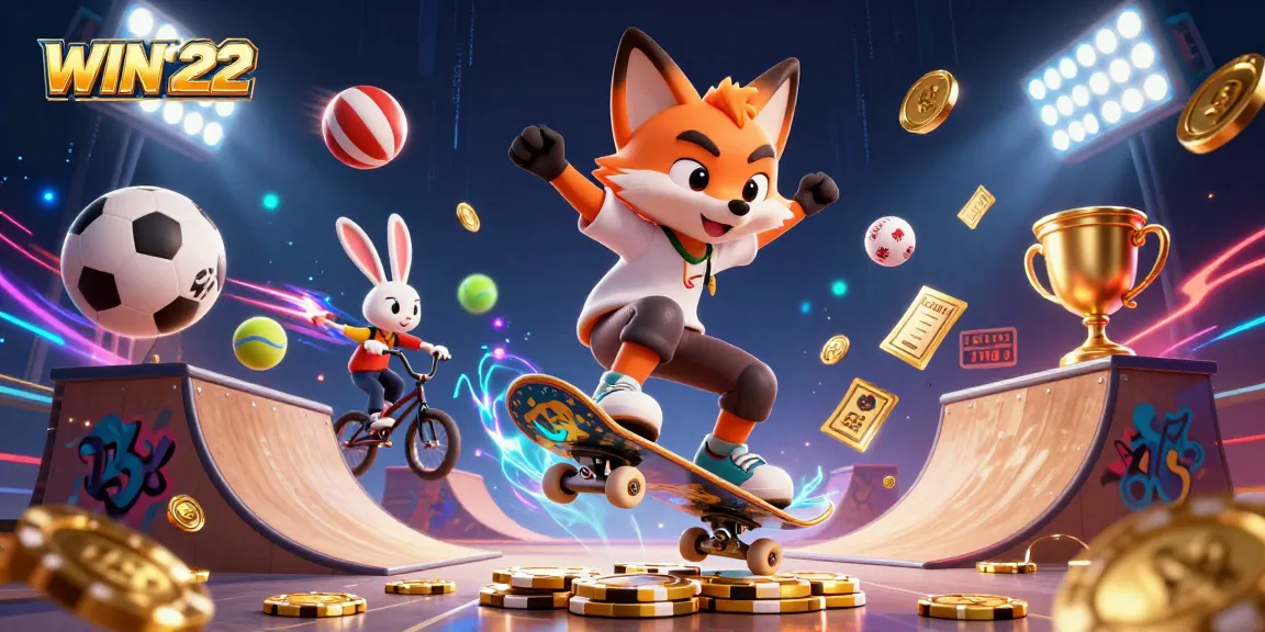 Experience the thrilling action of WIN222 through an engaging 3D casino-themed illustration featuring dynamic characters.