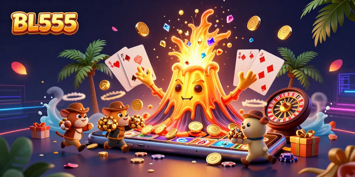 Experience vibrant gaming excitement with BL555, featuring animated treasures erupting from a volcano with gaming elements.