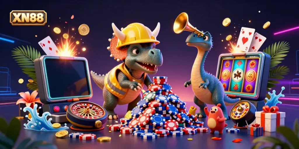 Experience the excitement of XN88 with vibrant casino action, featuring a triceratops and dazzling slot games.
