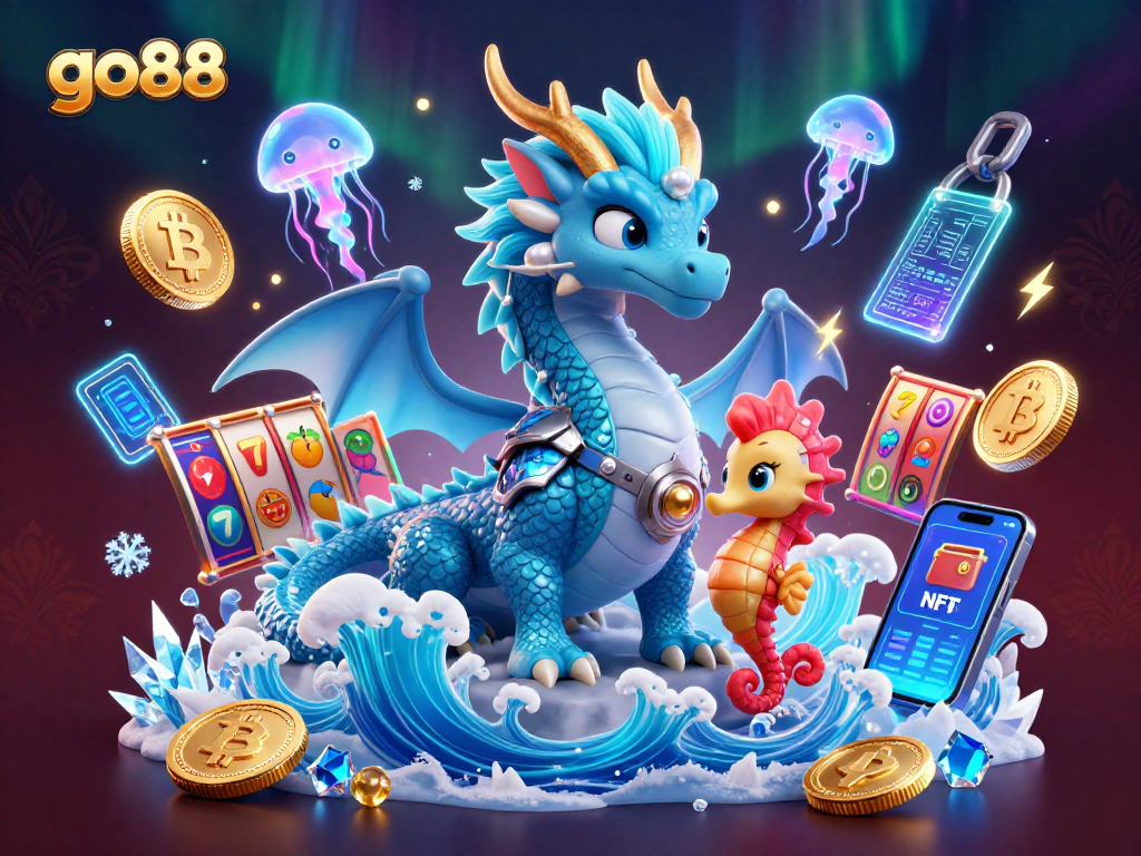 Play go88 with a vibrant 3D illustration of a water dragon surrounded by slot symbols.