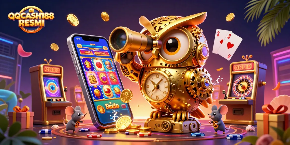 Engage in thrilling casino action with QQCASH188 RESMI featuring a golden owl watching over vibrant slot machines.