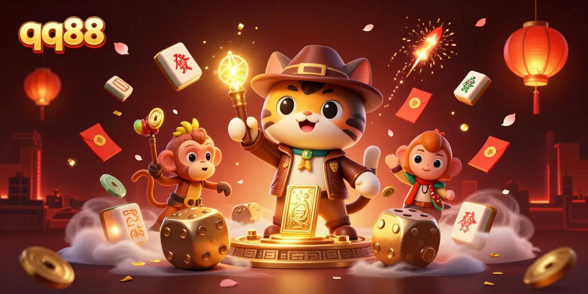 Unleash the thrill of qq88 with 3D cartoon characters amid vibrant casino artifacts and engaging game elements.