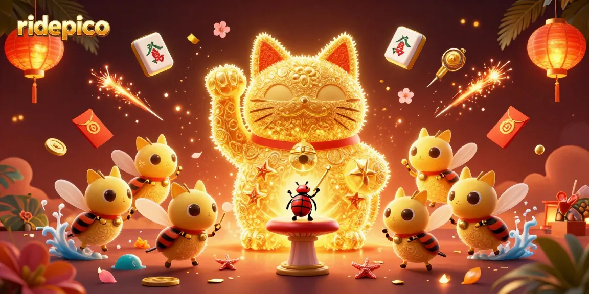 Experience thrilling wins at ridepico as golden fireflies form a lucky cat amid 3D casino elements.
