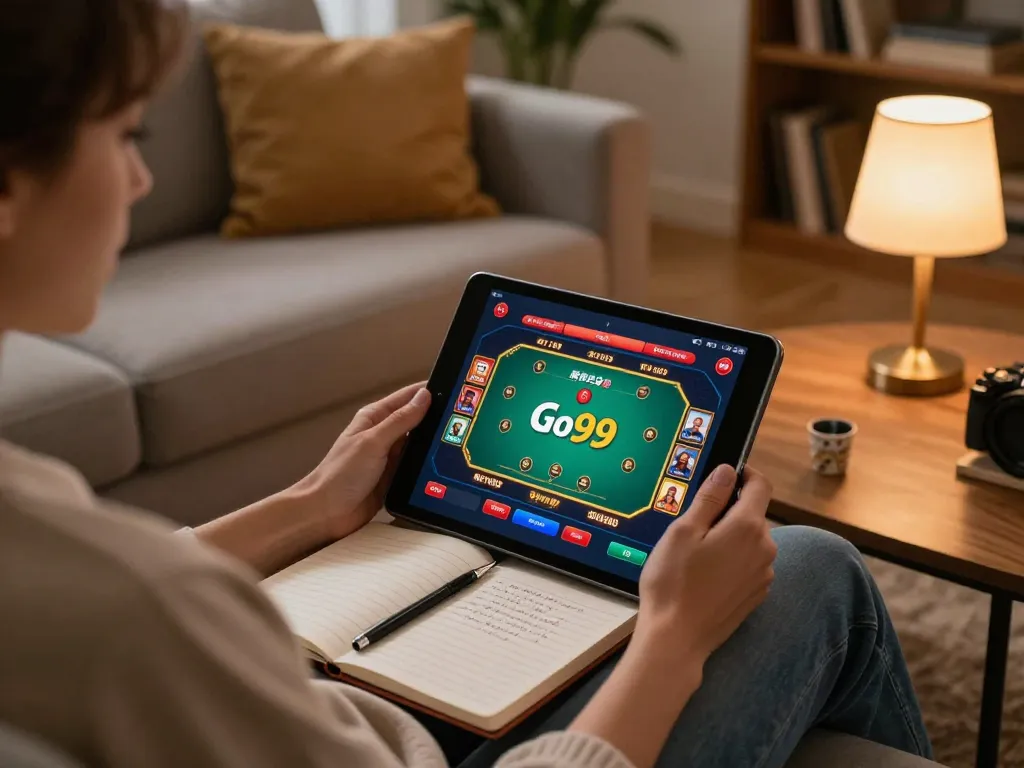 Engaging in online gaming at home with Go99 casino on tablet, showcasing strategy notes and cozy atmosphere.