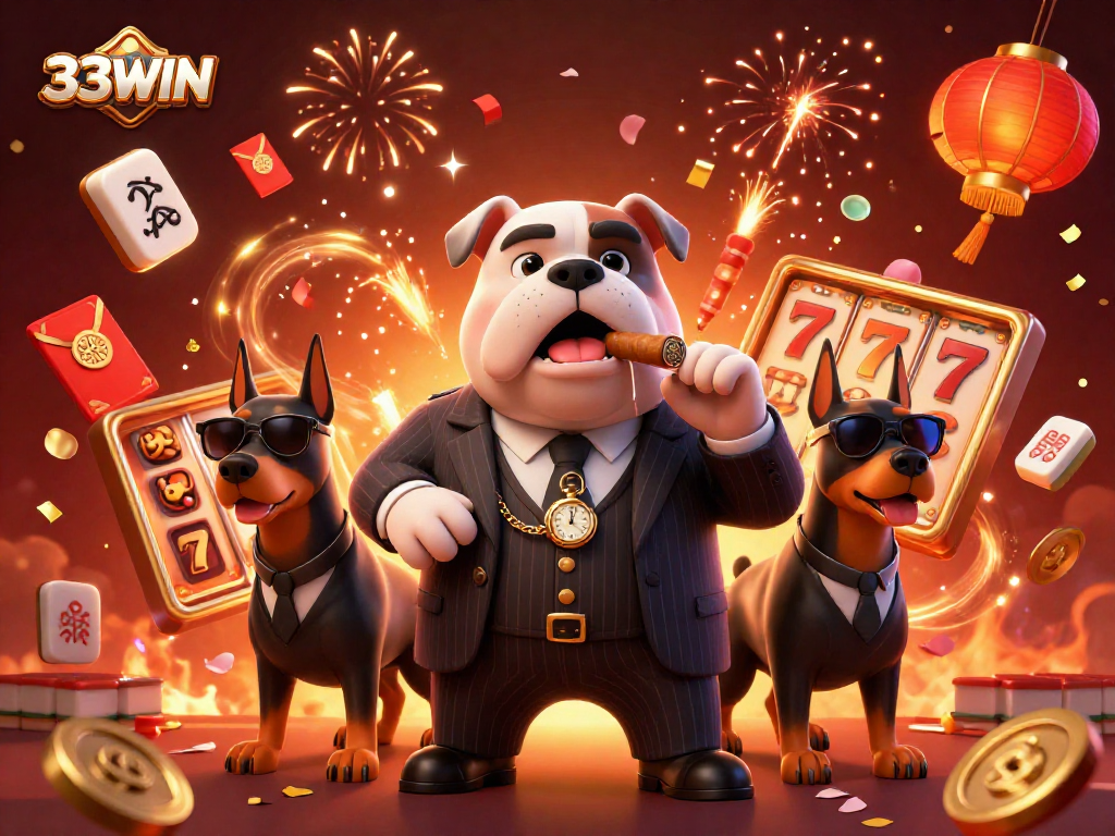 Engage with thrilling slots at 33WIN featuring dynamic characters in a festive casino scene.