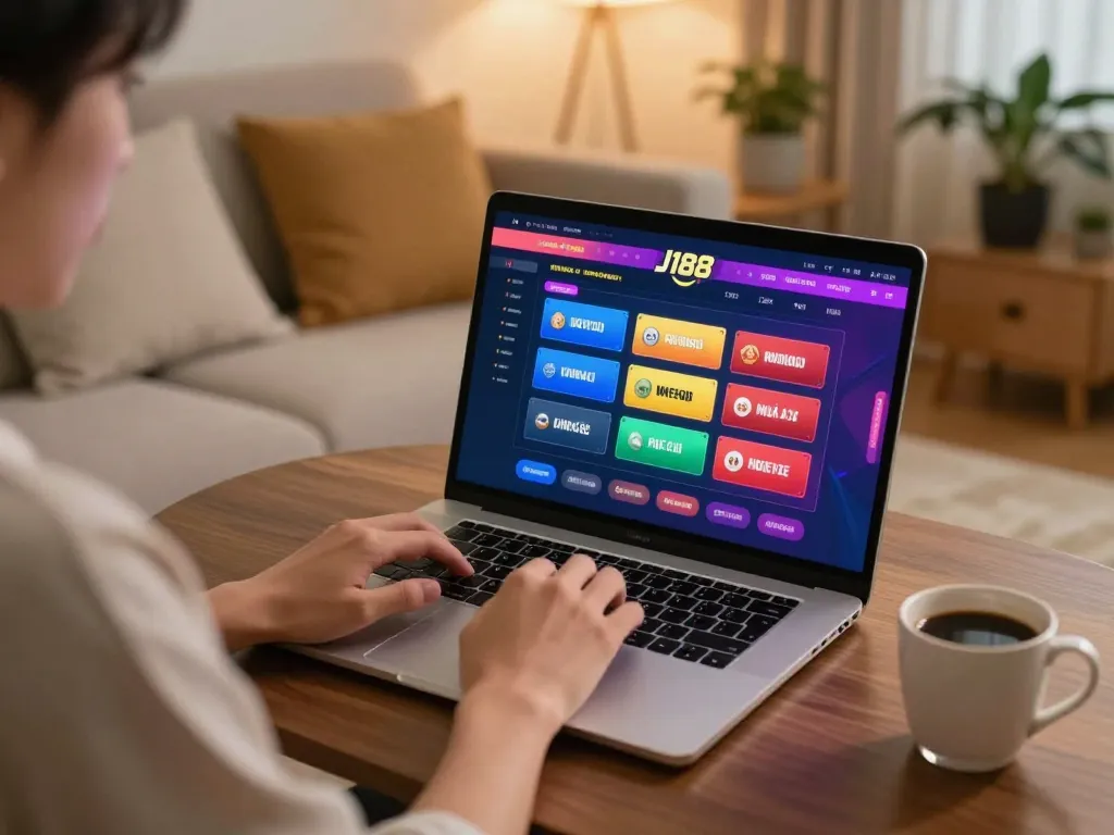 Engaged player accessing J188 nhà cái while enjoying a cozy home gaming setup displaying betting options.
