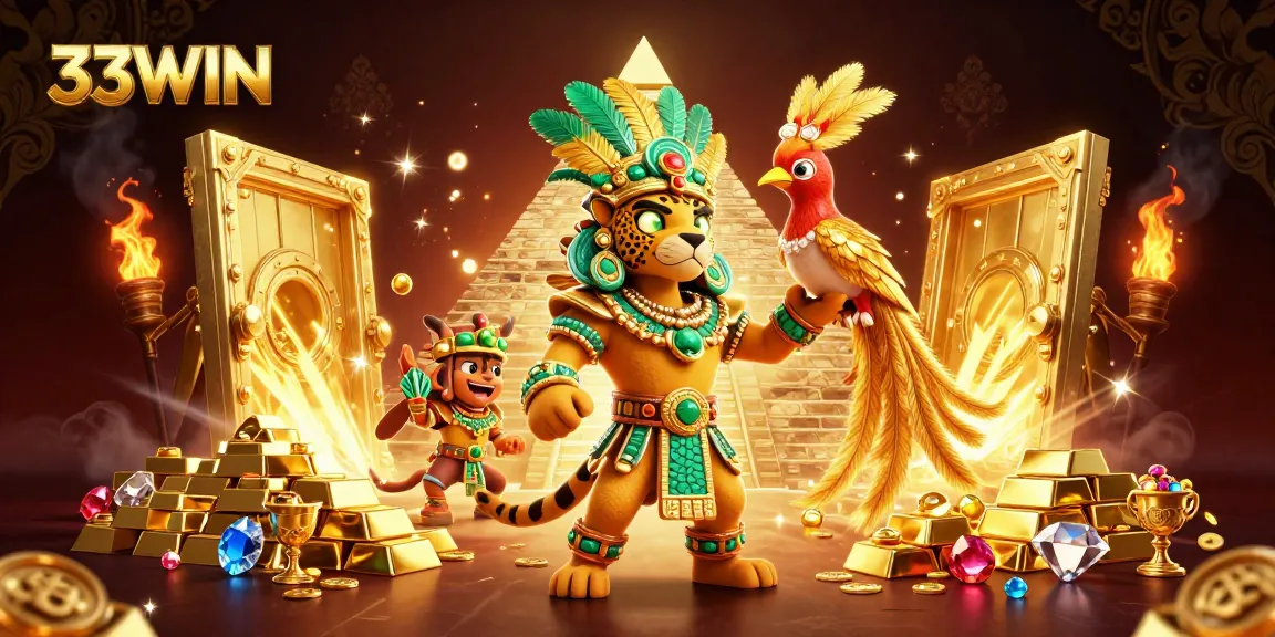 Experience the excitement at 33WIN with stunning casino-themed imagery of treasures and vibrant characters.