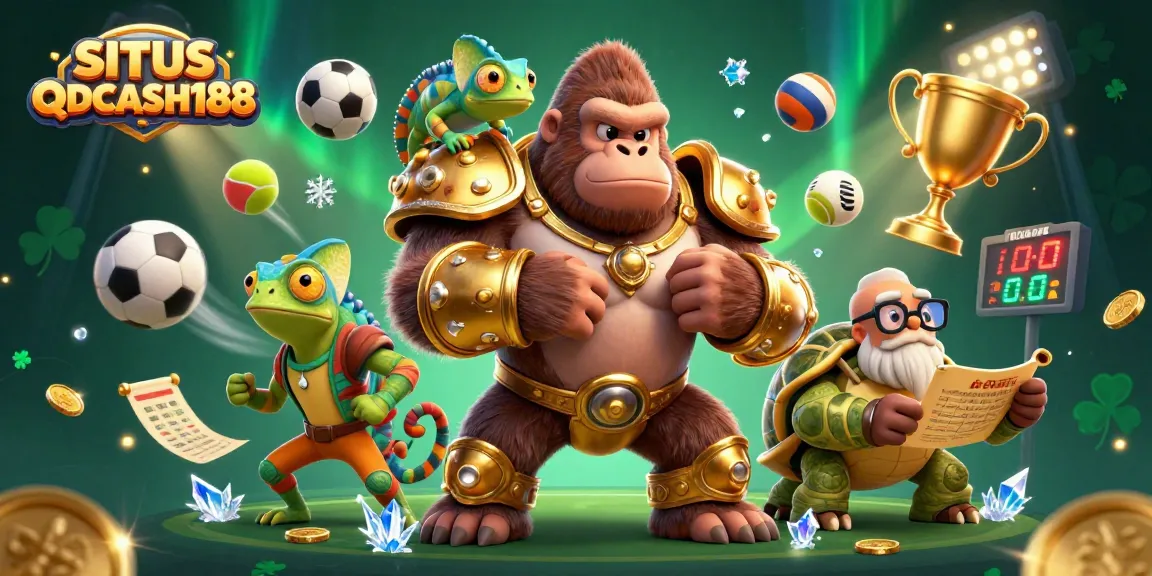 Engage with SITUS QQCASH188’s dynamic sports betting scene featuring colorful sports balls and vibrant characters.
