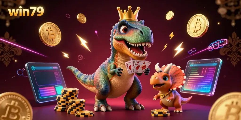 Engage with the win79 casino world featuring a friendly T-Rex, pterodactyl, and triceratops in a vibrant gambling scene.