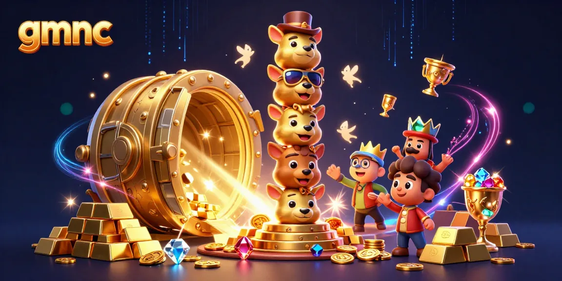 Engage with gmnc's vibrant casino world, showcasing a golden totem pole and treasure vault bursting with gems.