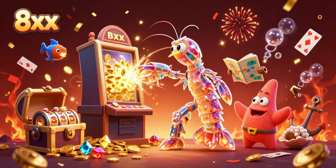 Catch the excitement of 8xx with our galactic samurai mantis shrimp amidst exploding slots and treasure in this vibrant casino scene.