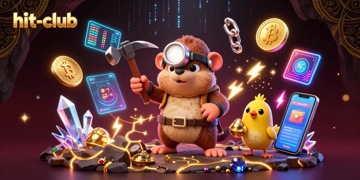 Engage with hit-club's thrilling mining adventure featuring treasures and crypto elements in a vibrant casino scene.