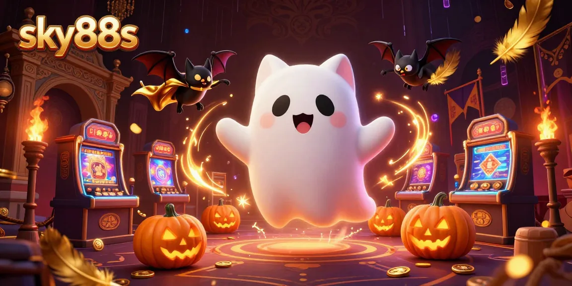 Engaging scene with sky88s, showcasing casino-themed ghost cat and vampire bat, surrounded by vibrant gambling elements.