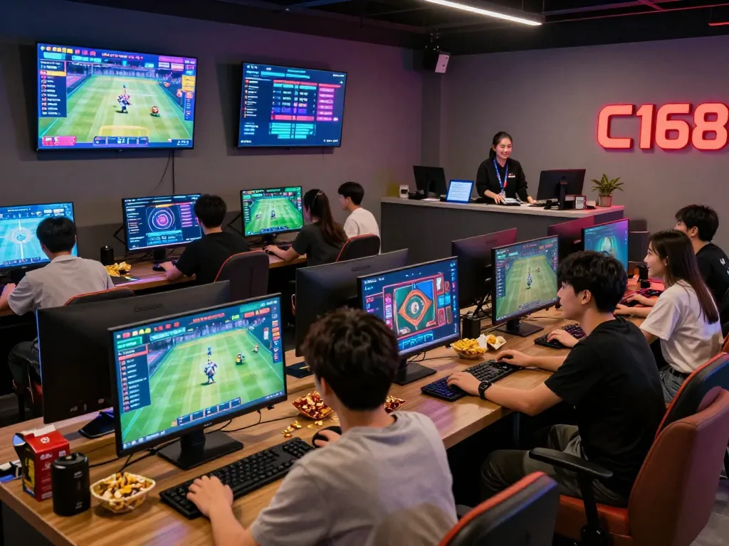 Exciting gaming scene at C168 cyber café with friends engaged in live casino and sports betting.