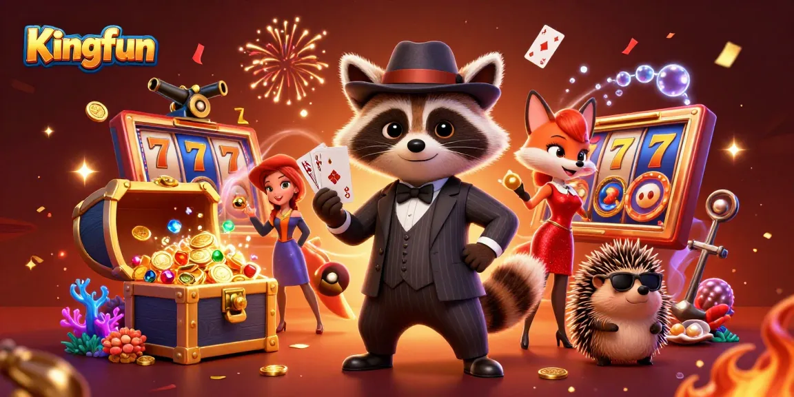 Kingfun slot game illustration featuring a suave raccoon, a charming fox, and a hedgehog bouncer amidst vibrant casino elements.