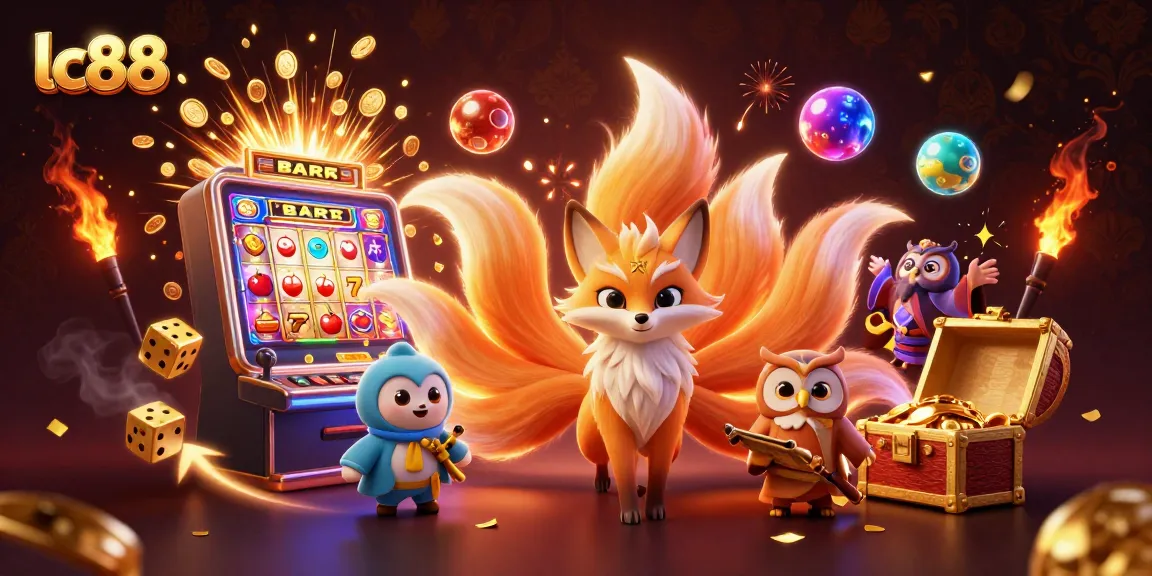 Slot machine jackpot explosion with lc88 characters and casino game elements surrounded by colorful lights.