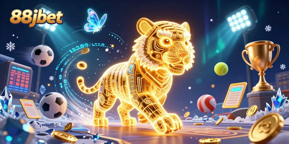Experience thrilling action at 88jbet with a digital casino scene featuring a glowing tiger and dynamic sports elements.