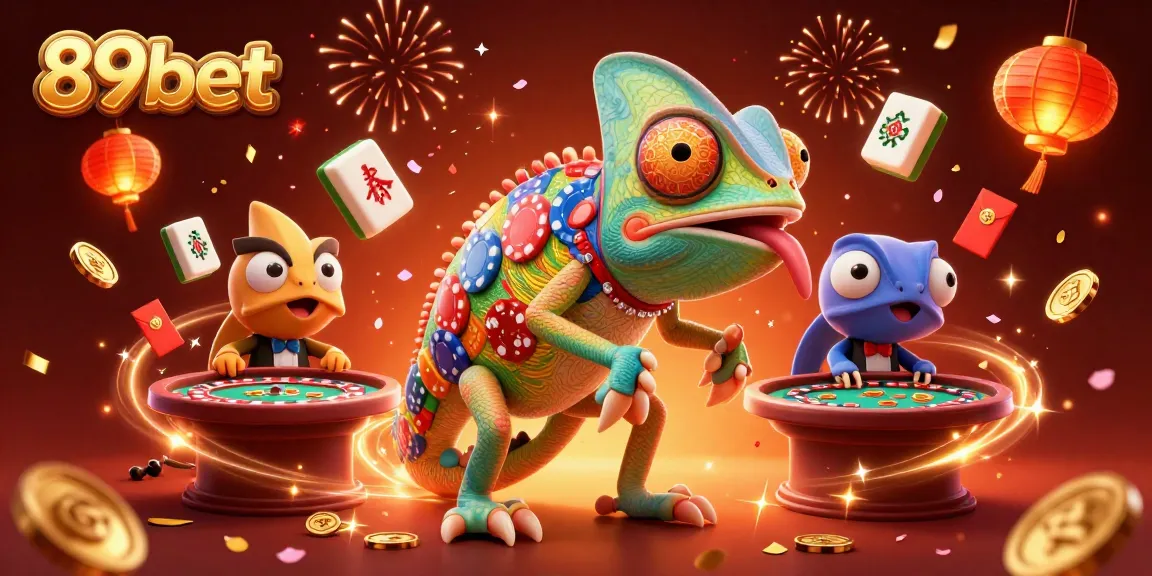 Experience thrilling games at 89bet with colorful chameleon casino owner and festive elements.