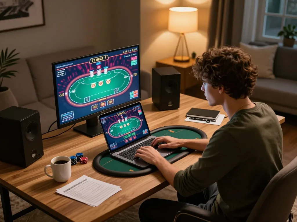 SC88 user's engaging online poker session at home, thoughtfully contemplating strategy, warm lighting creates inviting atmosphere