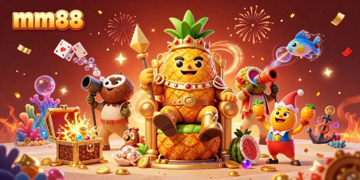 Engage in the vibrant mm88 casino experience with the golden pineapple king, cannon, and jester in a dynamic 3D illustration.