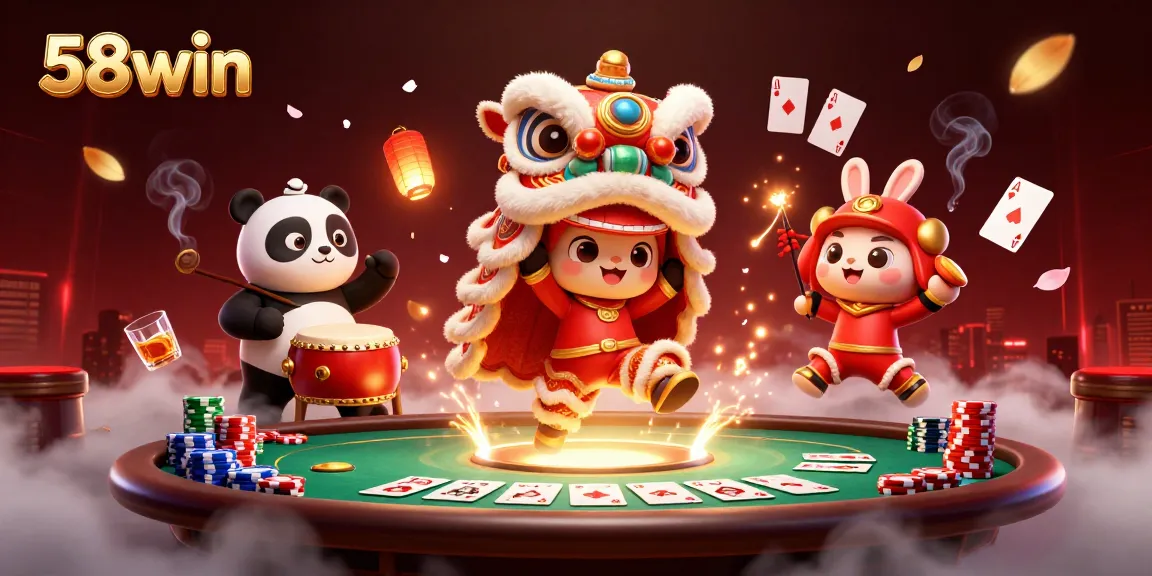 Engage with 58win's vibrant 3D casino scene featuring lion dance characters amidst poker chips and cards.