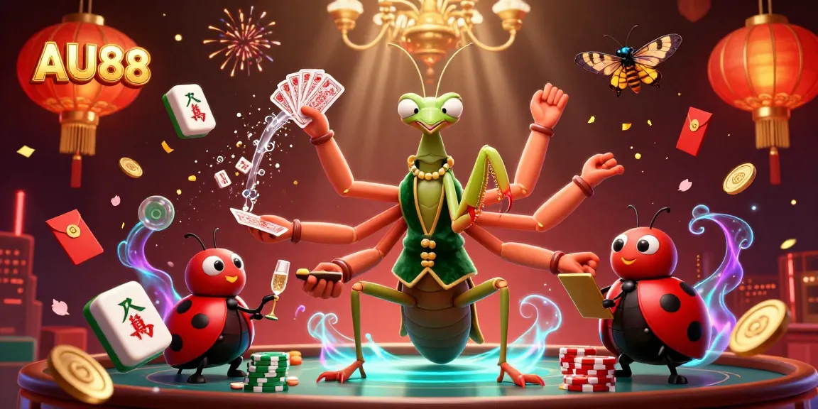 Engage with AU88's vibrant casino scene featuring a giant mantis and ladybug and 3D game elements.