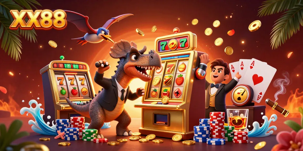 Experience the excitement at XX88 as a dinosaur celebrates jackpot wins at a vibrant casino scene.