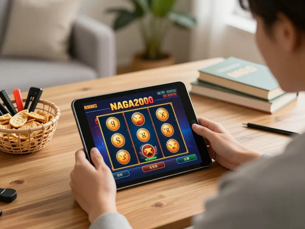 NAGA2000 player enjoying mobile slot gameplay at home with tablet and snacks.