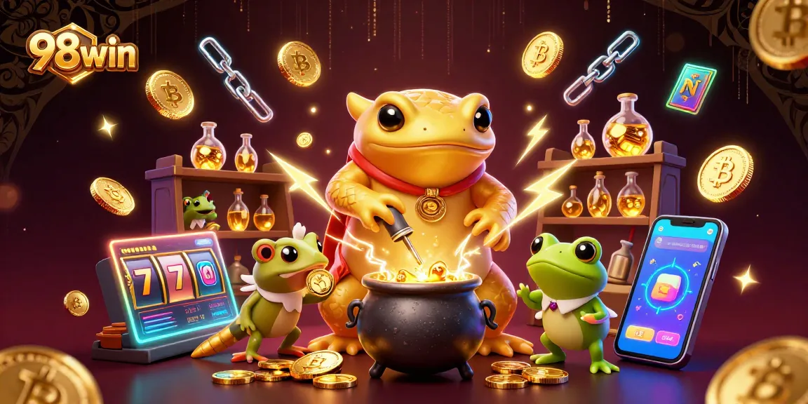 98win offers a vibrant casino scene illustrating the mystical alchemy of gambling with gold coins and crypto elements.