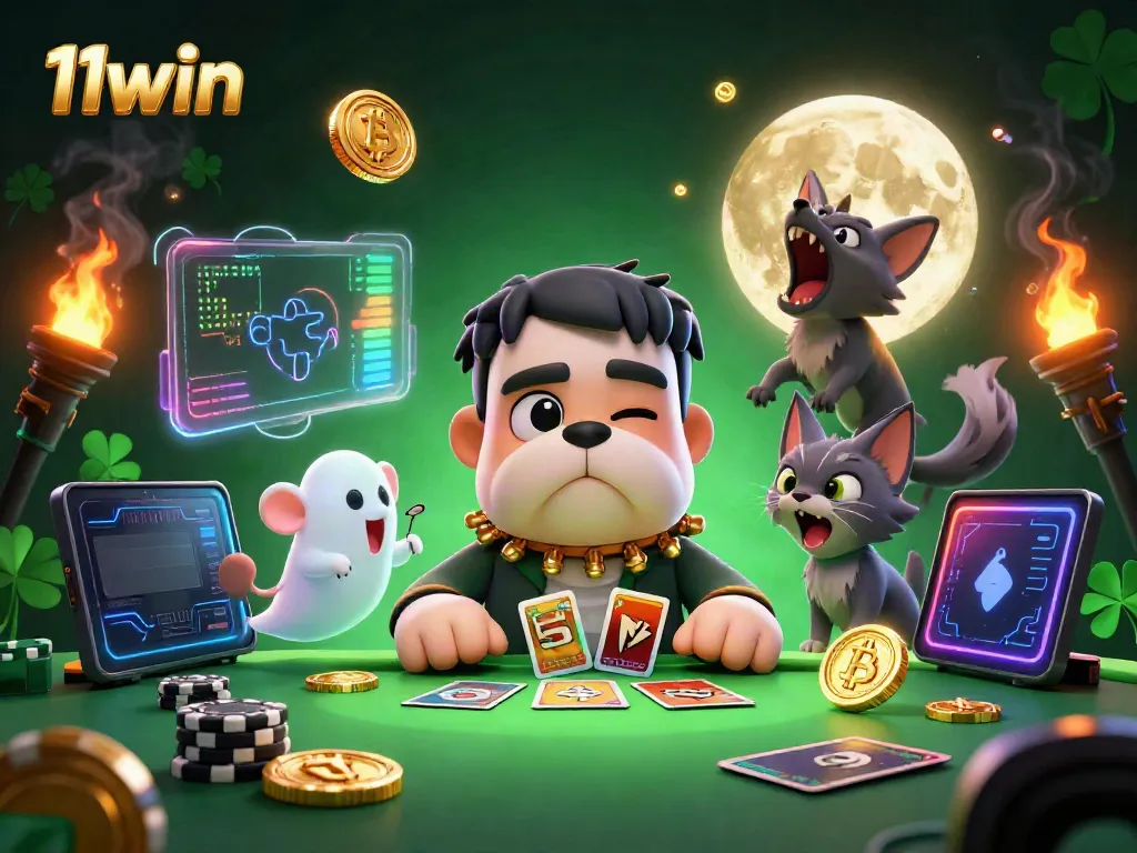 Experience thrilling 11win gaming with a 3D bulldog and werewolf in a vibrant casino setting.