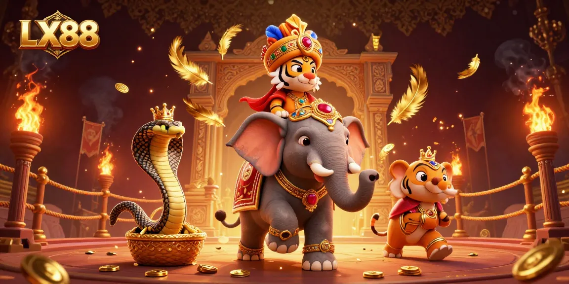Experience thrilling moments at LX88 with a majestic tiger, elephant, and cobra in a vibrant casino setting.