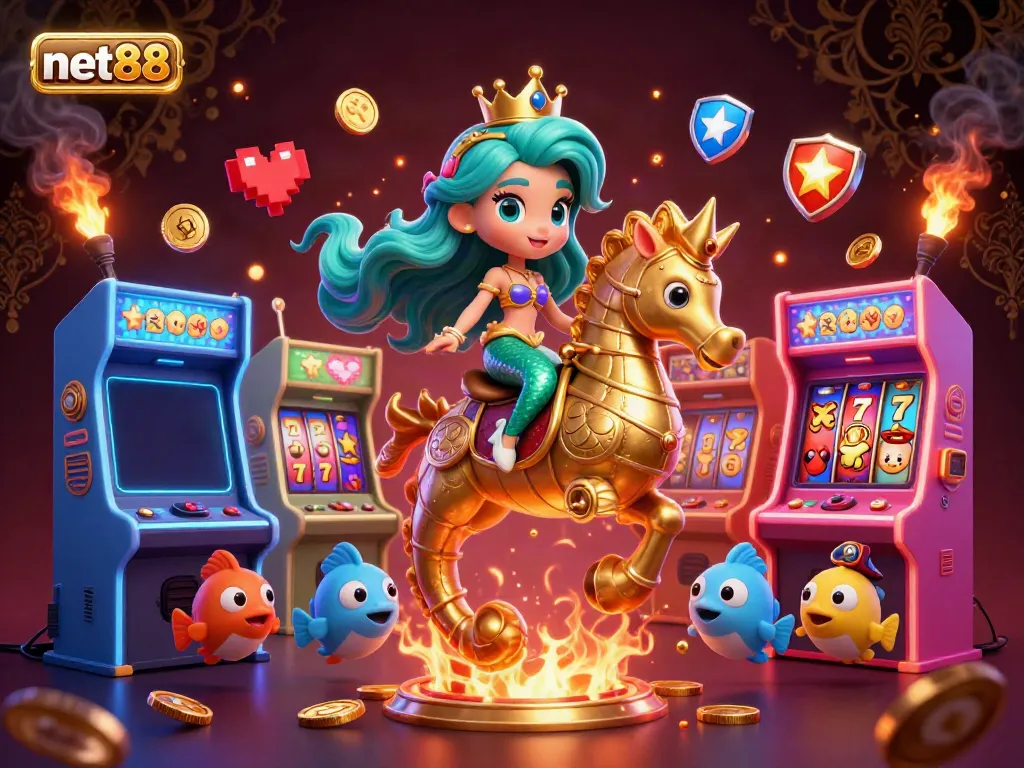 Experience the vibrant net88 gaming world with a colorful scene of a mermaid princess riding a seahorse, surrounded by casino elements.
