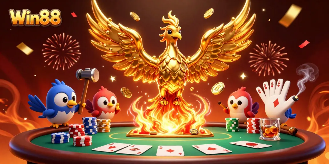 Win88 unveils a golden phoenix in a vibrant casino scene, celebrating big wins.