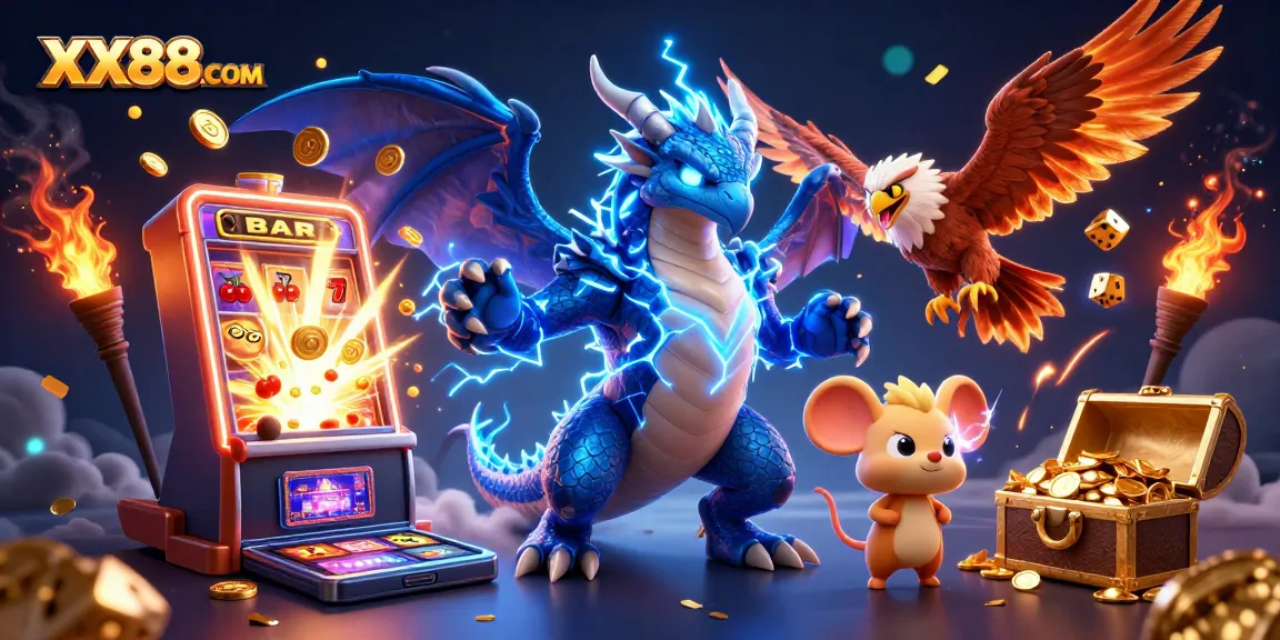 Experience thrilling gameplay at XX88COM with dynamic casino illustrations featuring a thunder dragon and vibrant gaming elements.