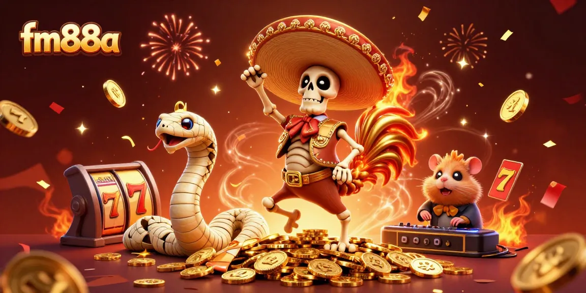 fm88a showcases a vibrant casino celebration scene with whimsical characters celebrating amidst cascading gold coins.