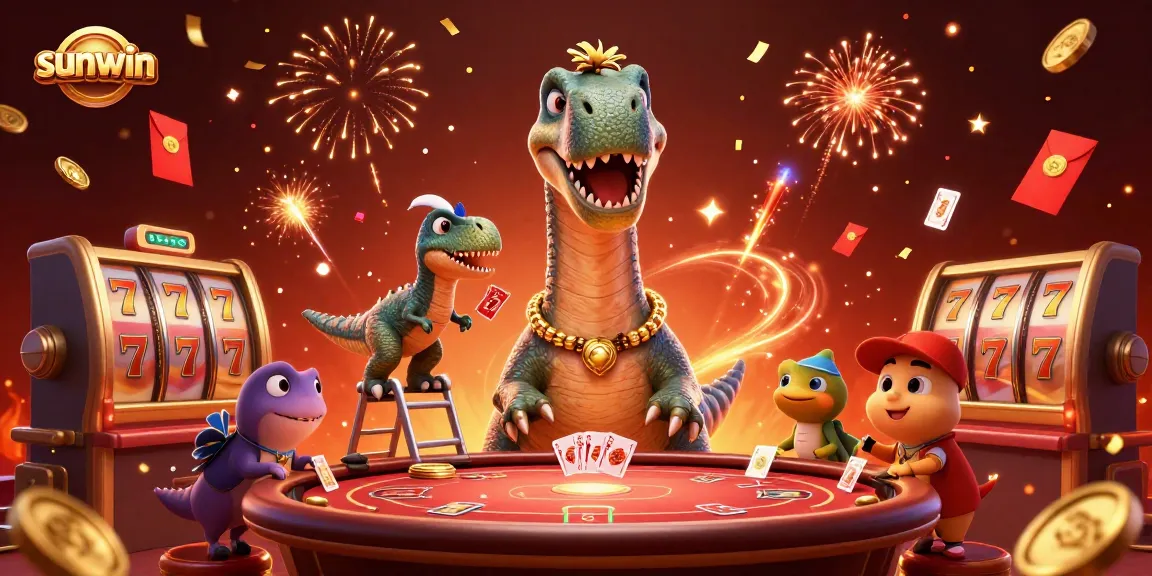 Experience the excitement of sunwin with a playful brontosaurus in a vibrant casino scene.