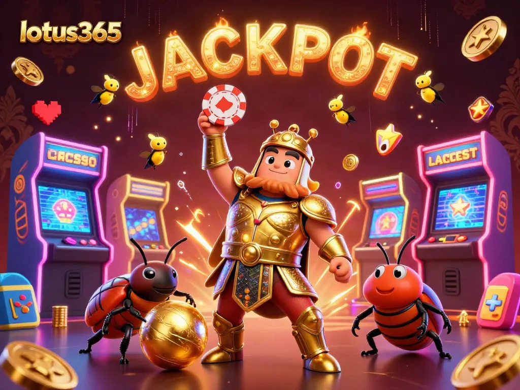 Experience the thrill of betting on lotus365 with a victorious 3D beetle celebrating a jackpot.