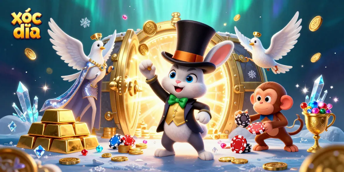 Experience the thrill of xóc đĩa as the magician rabbit conjures coins amidst a dazzling casino scene.
