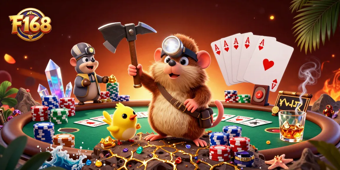 Join the thrilling experience at F168 as the treasure hunter mole uncovers riches in a vibrant casino scene.