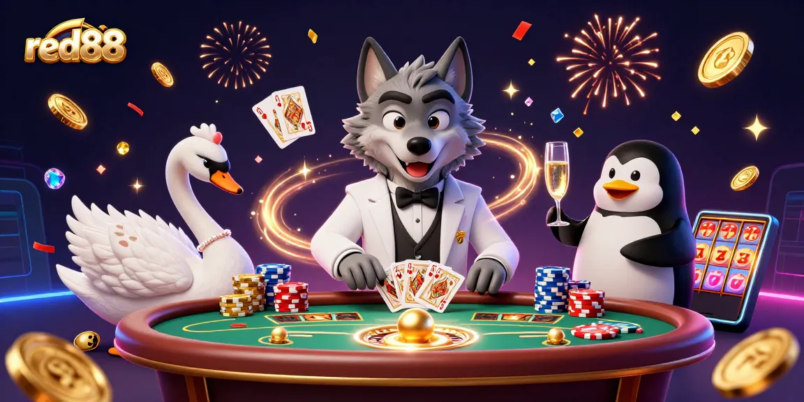 Experience the excitement of red88 with our dynamic casino scene featuring a debonair wolf and elegant characters.