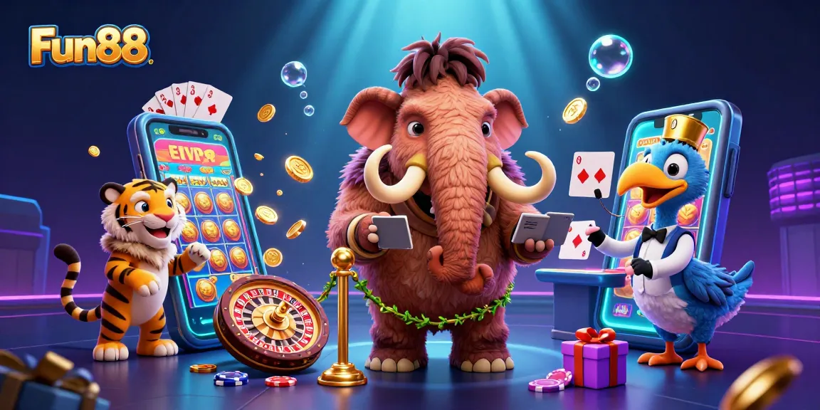 Fun88 showcases a vibrant casino scene with characters and game elements illustrating lively gambling activities.