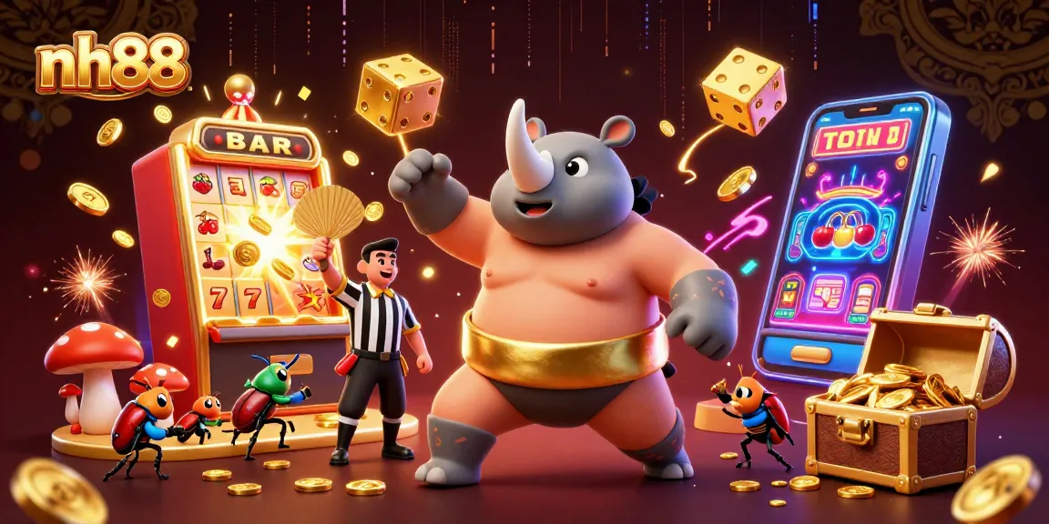 nh88's dynamic gaming scene with a rhinoceros beetle champion amidst jackpot excitement, showcasing intense casino action.
