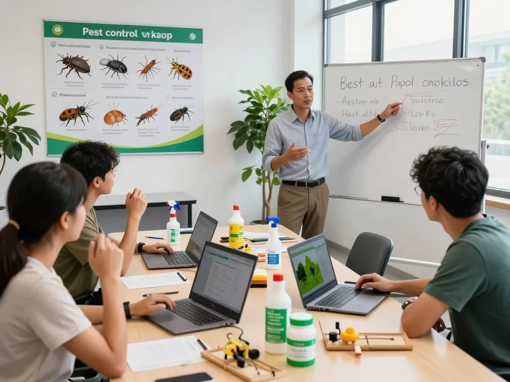 Interactive pest control workshop scene featuring diverse participants learning about pest control guide techniques and products.