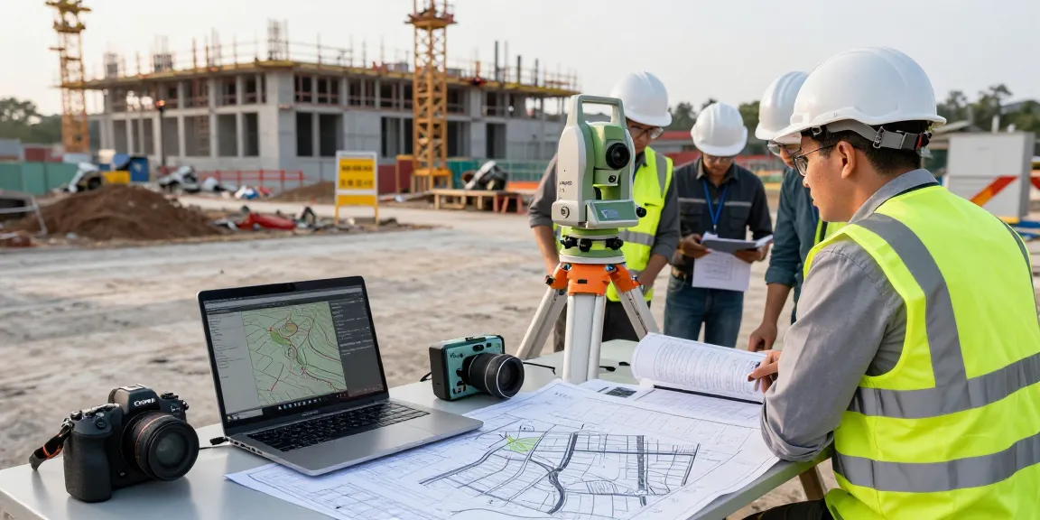 Topographical surveys in action with surveyor using laser scanner and GPS equipment at construction site.