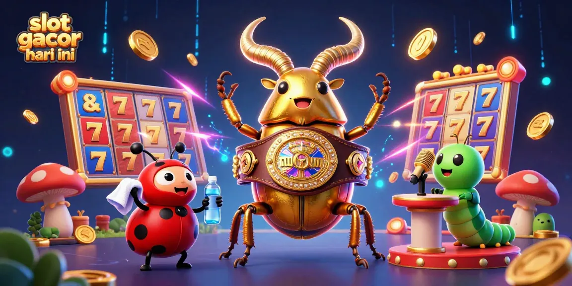 Win big with slot gacor hari ini illustrated by a giant golden stag beetle and exciting casino elements.