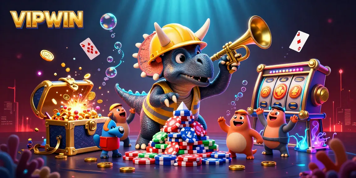 Watch the 3D triceratops celebrate VIPWIN's casino experience by building chips in a vibrant underwater scene.