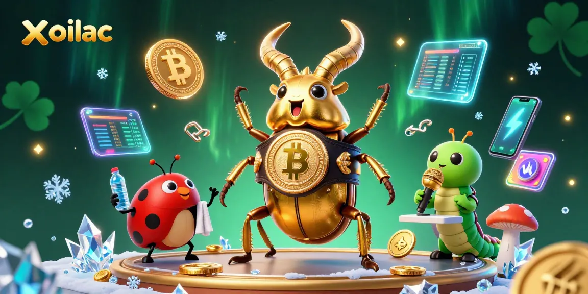Xoilac features a dynamic scene with a golden stag beetle in a boxing belt, showcasing vibrant gambling elements and cosmic effects.