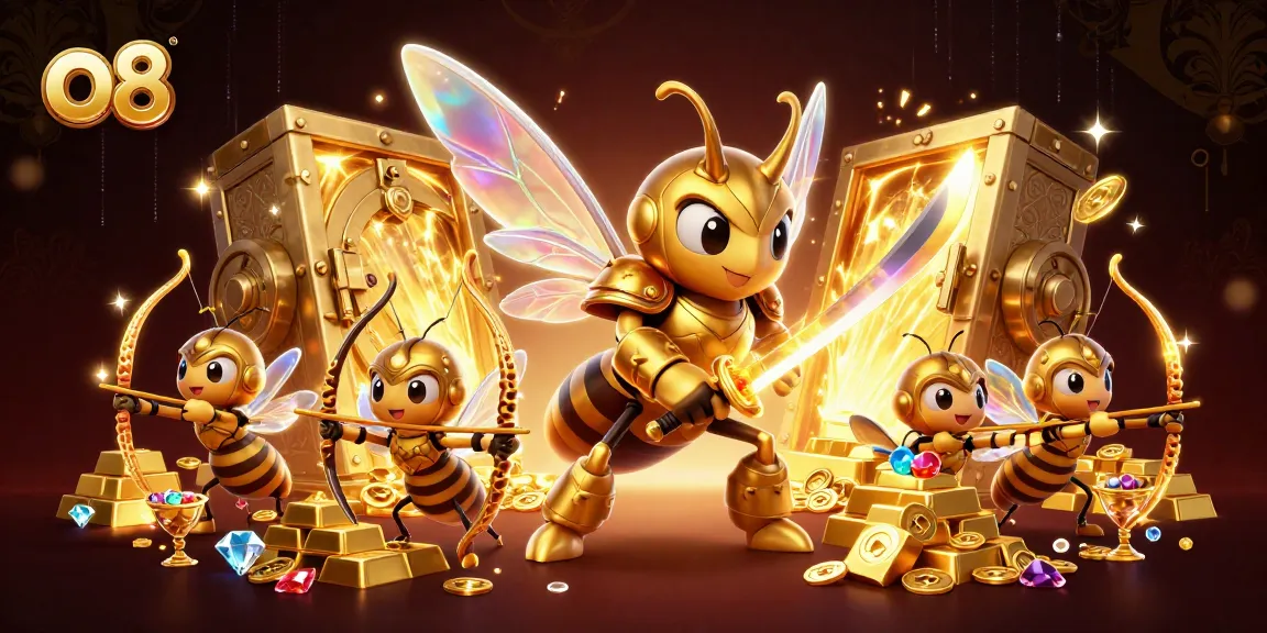 Engage in thrilling gaming at o8 with a dynamic scene of a golden hornet and bee archers among jewels.