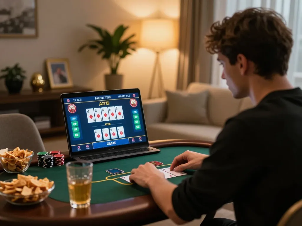 Engaged player immersed in live dealer poker game at home, capturing the essence of online gambling at 688v.