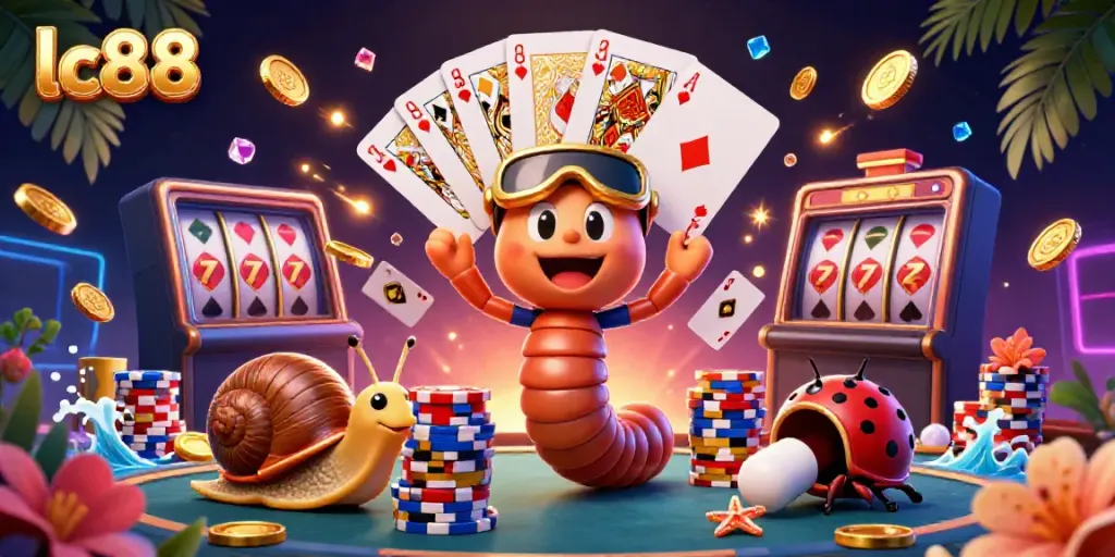 Experience the excitement of lc88 with a vibrant 3D cartoon scene showcasing a millipede dealer, a snail high-roller, and stunning casino elements.